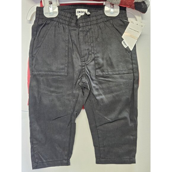 DKNY Size 12M Set Of 3, Red Vest/ Black Pants/ Red Plaid Button Up Long Sleeve - Picture 3 of 12